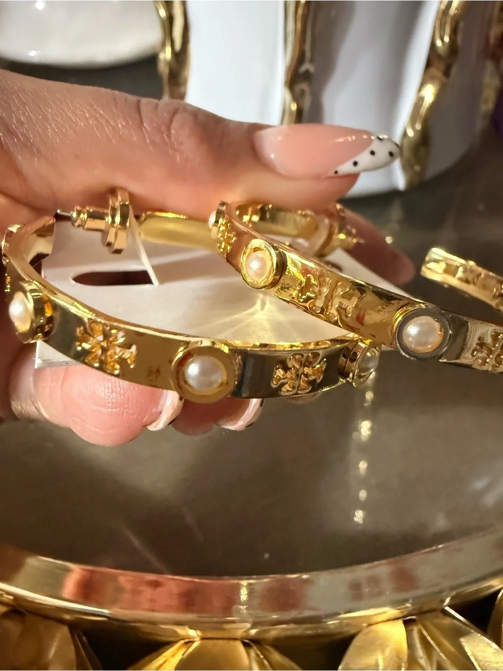 Tory Burch Gold-Tone Decorative Hoop Earrings with Logo and Pearls